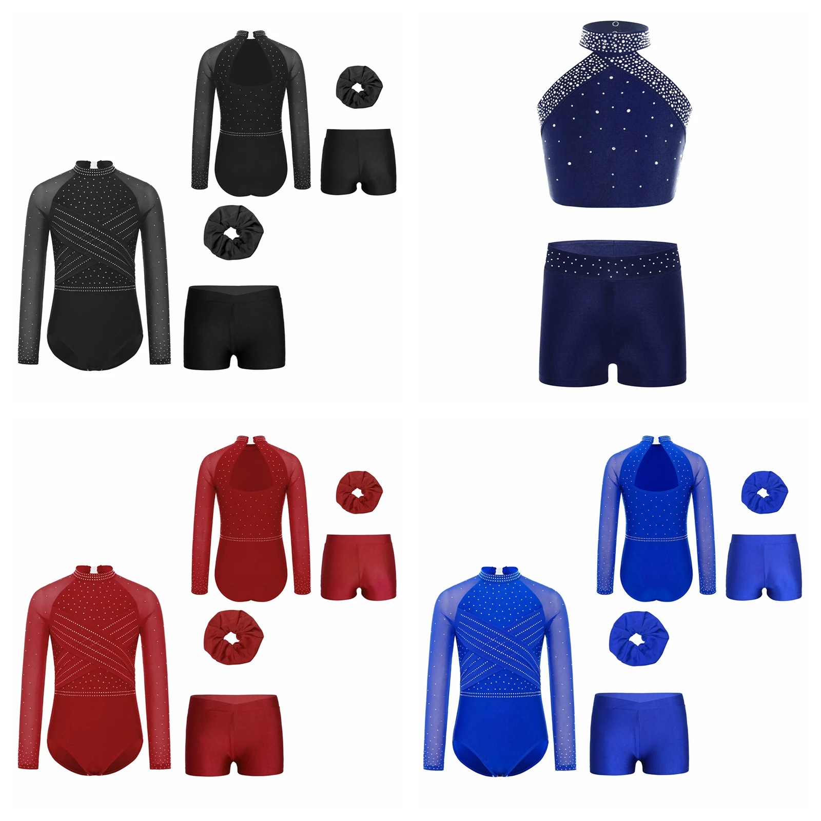 Kids Girls Ballet Dance Costume Figure Skating Outfit Shiny Rhinestones Shorts Children Practice Gymnastics Dancewear Set