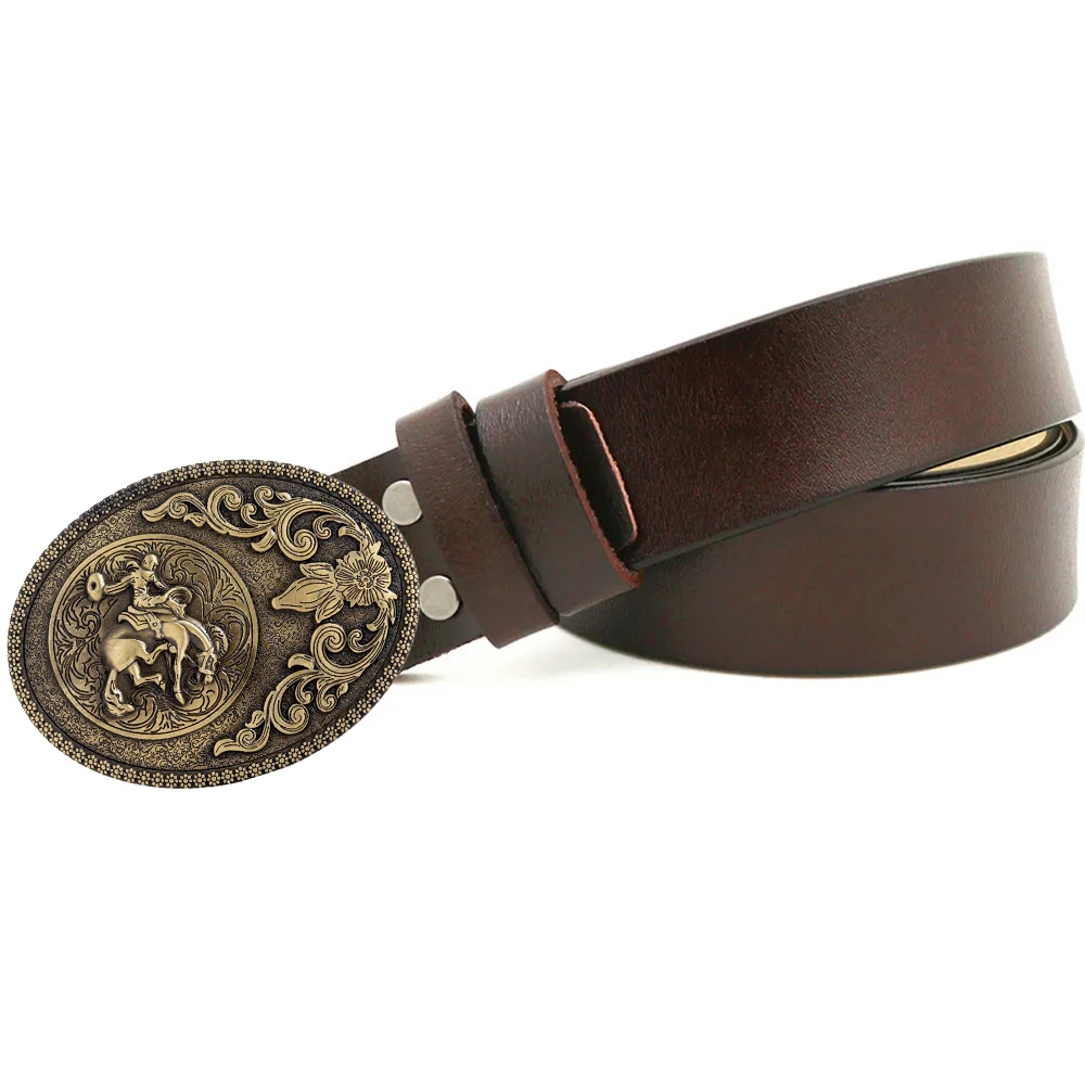 Luxury Mens Belts Screw Connection Cowskin Leather with Oval Western Cowboys Brand Design Metal Buckles