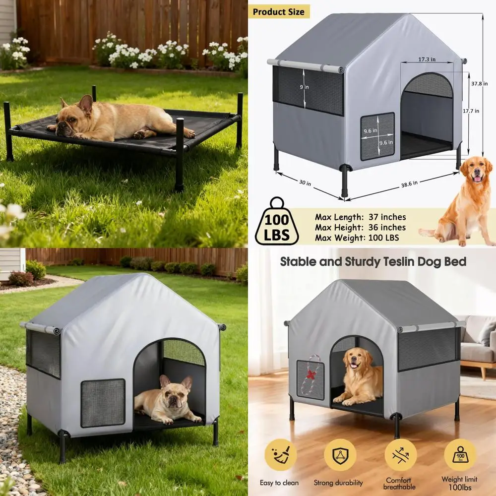 

Weatherproof 600D Oxford Dog House with Elevated Bed, Suitable for Small and Large Dogs, Grey