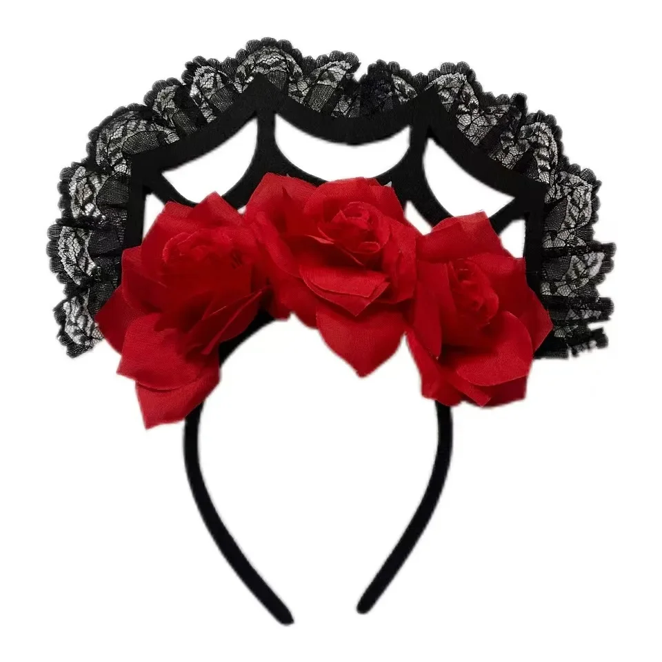 

10 шт., черная вечеринка для женщин и девочек, кружевная повязка на голову с розами на Хэллоуин, праздничный реквизит для выступлений