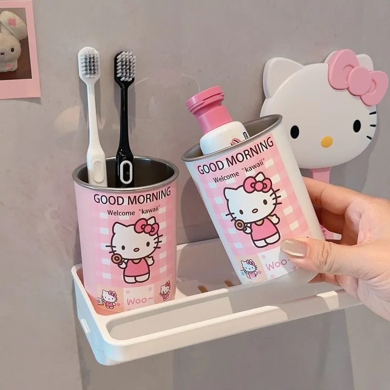 Hello Kitty Stainless Steel Mouthwash Cup Creative Cartoon Grid Household Double Layer Toothbrush Jar Cup Accessories Wholesale