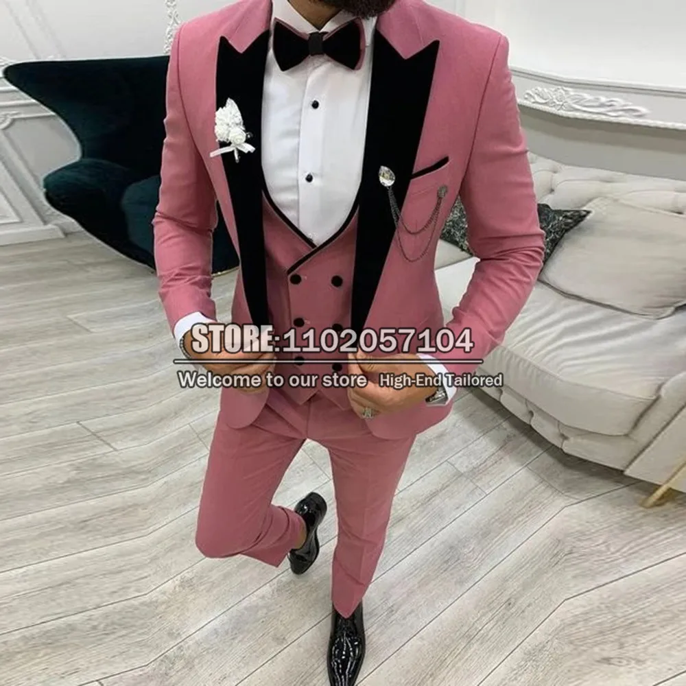 

Man Fashion Pink Formal Wedding Tuxedo Groom Wear Blazer Masculino 3 Pieces Smoking Business Office Dinner Party Men Suits Dress