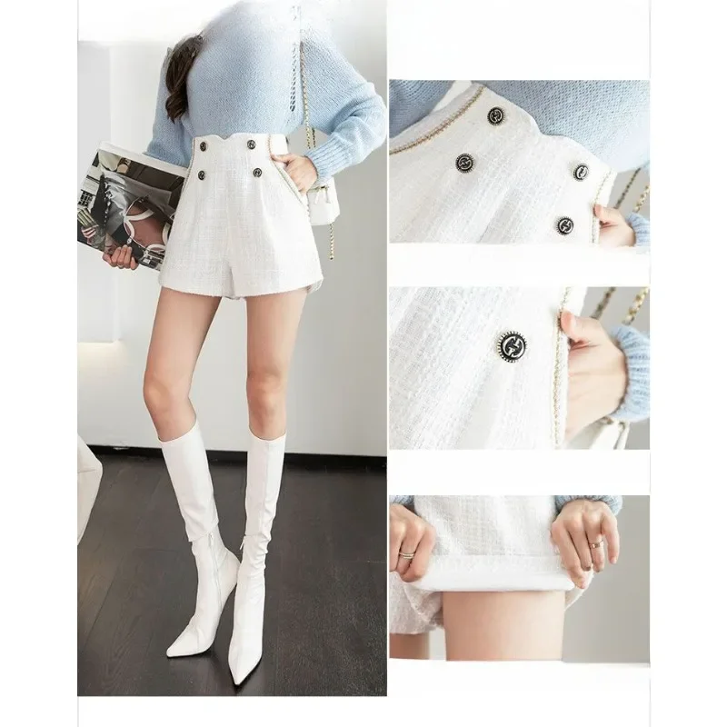 High-waisted Shorts Bright Silk Wearing Boot-pants Women Winter Style Small Fragrance Double-breasted Fashion Wide-leg Pants New