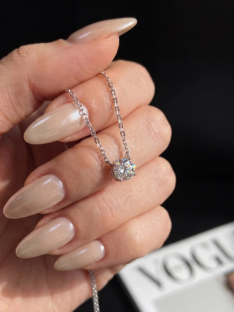 Klassische, elegante, schlichte 1C-3CT runde Moissanit-Diamant-Halskette für Damen, Geschenk, echter Jubiläums- und Hochzeits-Luxusschmuck – Detail 3