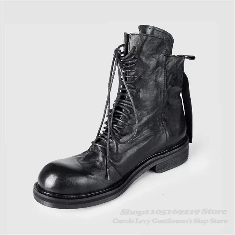 Black Thick Soled High Top Boots Men Retro Round Toe Soft Leather Thick Sole Lace Up Handmade Luxury Winter New Ankle Boot