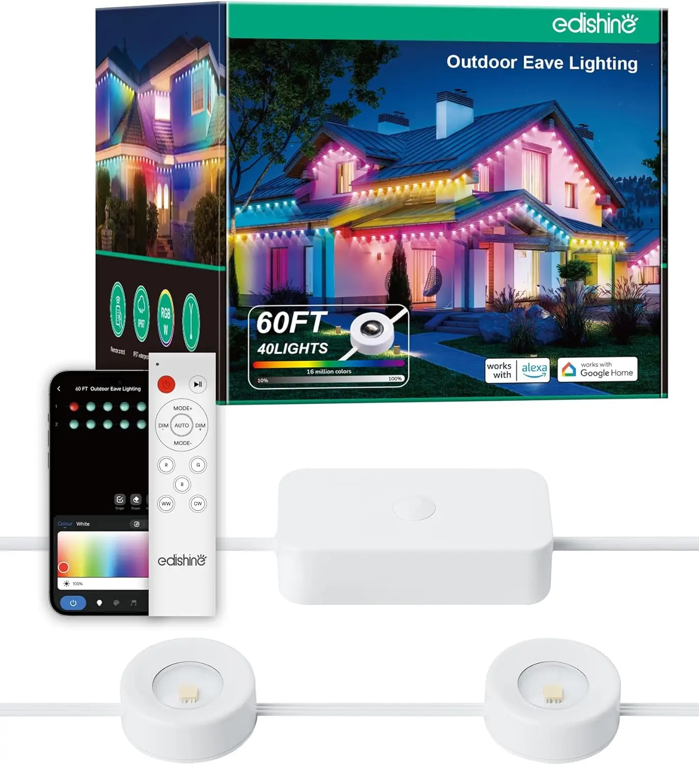 Outdoor Christmas Lights, 40 LED Eave Light with App/Remote, Smart Rainbow RGBW Holiday Light with 50 Scene Modes, IP67 Waterpro