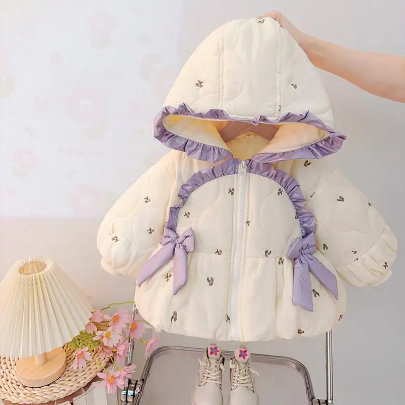 

Girls Padded Jacket Autumn Winter Cute Print Warm Coat Thickened Jacket Hooded Outerwear Comfortable Children Clothing 1-3Y