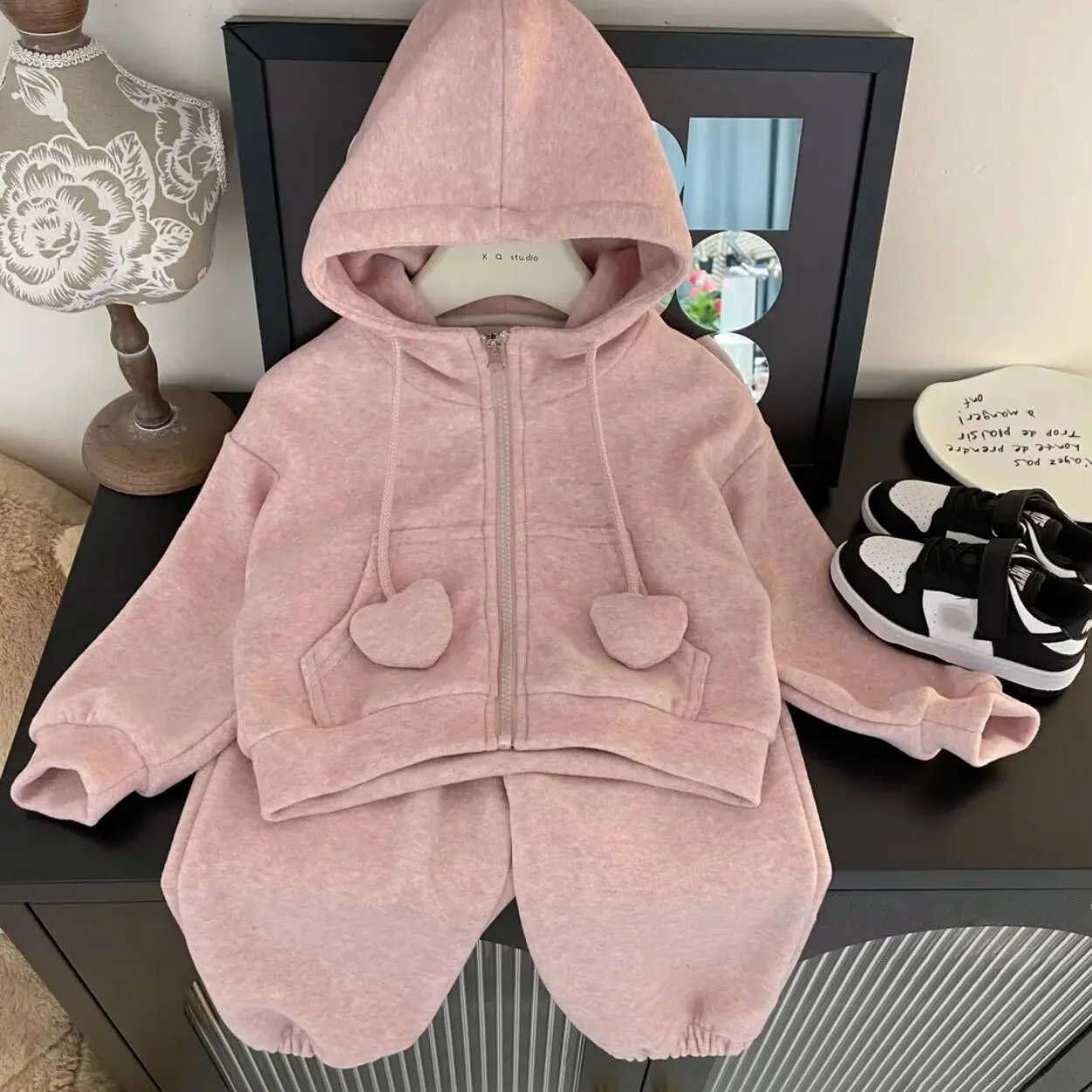 Kids Girl Pink Tracksuits Hooded Zipper Sweatershirt Coat+Solid Elastic Waist Wide Leg Pants 2Pcs Children Spring Autumn Suits