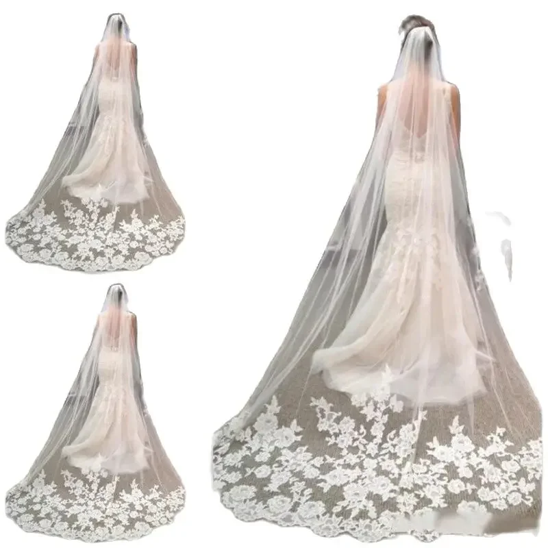 

Long Veils Cheap Hair Accessories Chapel Length Lace Applique Edge Tulle Wedding Bridal