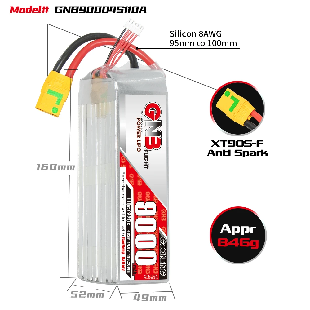 GAONENG-batería LiPo para coche, barco, Dron, Hobby RC, GNB, 9000MAH, 4S, 14,8 V, 110C, 220C, XT90, antichispa