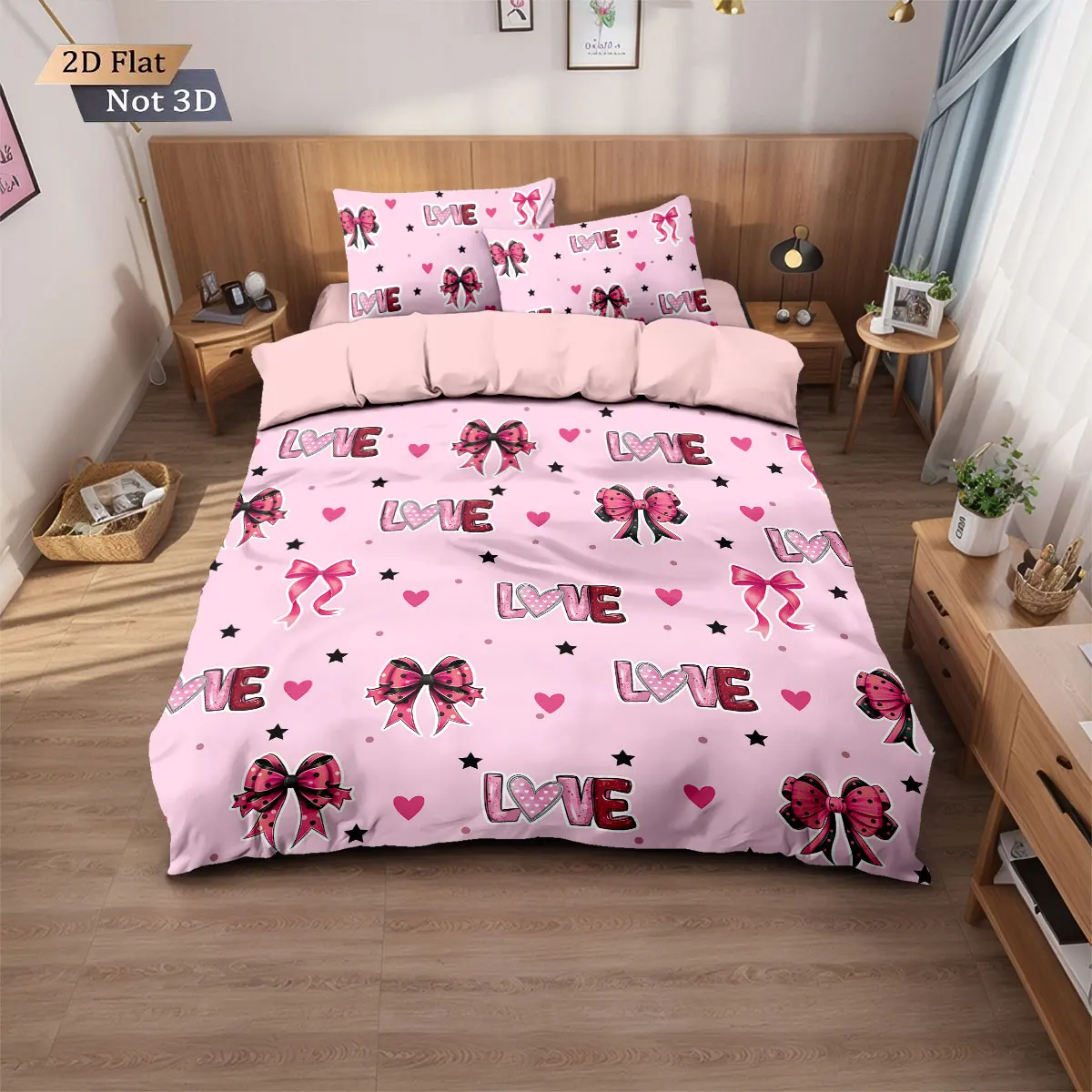 3pc Valentine's Day pink bow print coreless down duvet cover, multiple sizes, soft bedroom bedding decoration, machine washable