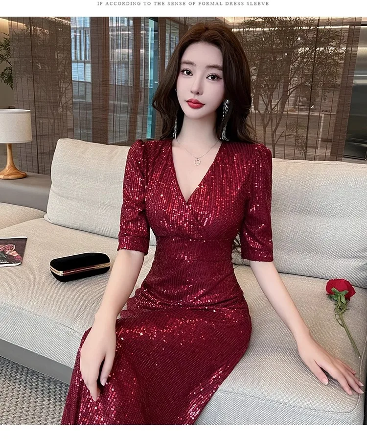 Topanoma Evening Dresses Women Sequins V Neck Irregular Slim Ruffles Cocktail Shiny Dress Sexy Elegant Wedding Party Banquet