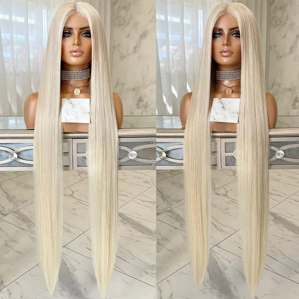 

Мягкий предварительно сорванный пепельно-русый белый 60 цветов 30 дюймов 180 Плотность Прямой парик фронта шнурка Синтетические бесклеевые парики для повседневного ношения