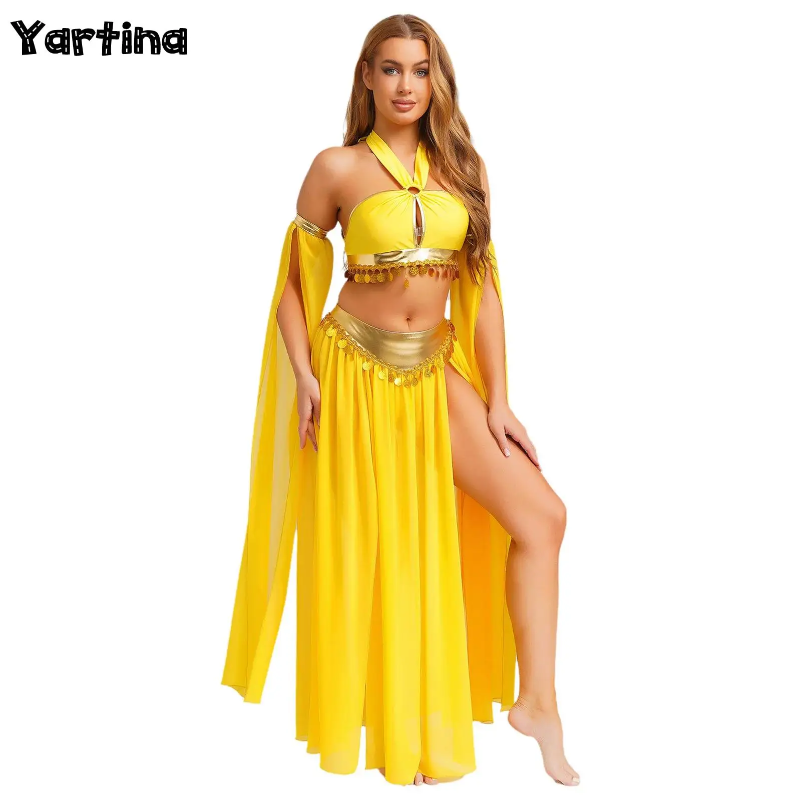 Oosterse Indiase buikdansoutfits voor dames Prestatiekostuum Crop top met pailletten aan de voorkant en ingebouwde slip Rok met zijsplitten