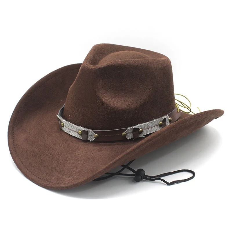 Ethnic Style Curved Brim Fedora Western Cowboy Hat Tibetan Style with Windproof Rope for Men and Women Sun Protection Hat