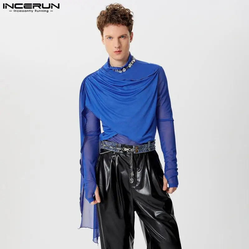 INCERUN Tops 2024 American Style Men\'s Cross Deconstruction Ribbon Design T-shirts Fashion Male Thin Long Sleeved Camiseta S-5XL