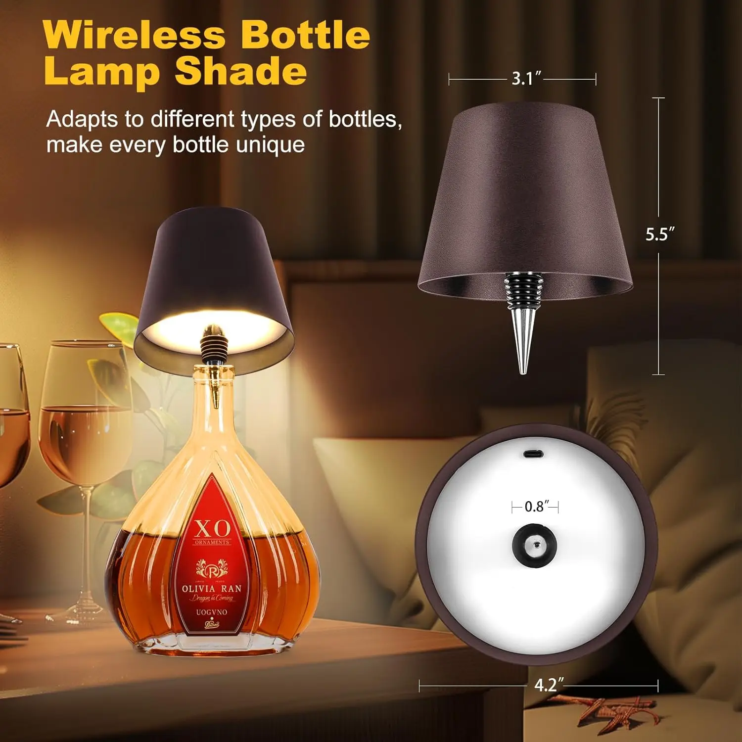 Wireless Bottle Lamp LED Wine Bottle Base Rechargeable Led Battery Operated Bar Dining Mushroom Lamp Holder ChristmasBrown, 1PC)