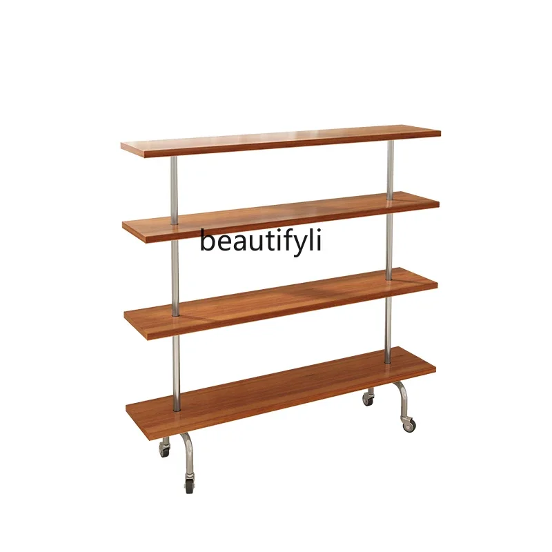 

Mid-Ancient Floor Storage Rack Multi-Layer Wheeled Cart Solid Wood Storage Rack Retro Stainless Steel Bookshelf Shelf Rack