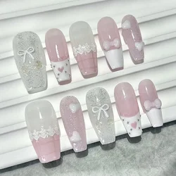10 pcs Pink Bow Love Lace French Nail Art Pink White Cute Cherry Handmade Fake Nails Long Girl Sweet Sexy Press On Nails