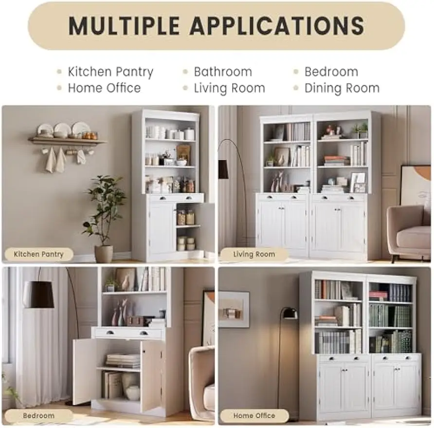 5-Tier Bookshelf, 70 Inch Tall Bookcase with 2 Doors and 1 Drawer, Modern Pantry Sideboard with Adjustable Shelf