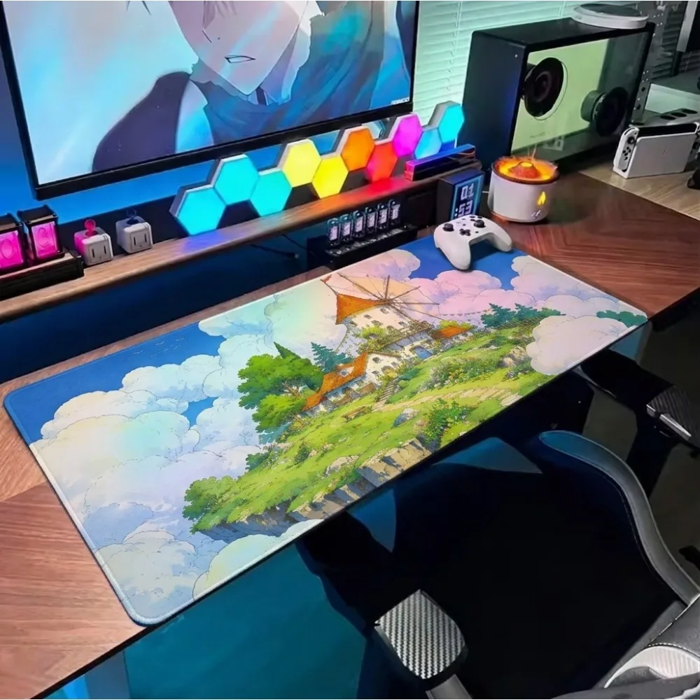 Imaginative World Anime Floating Island Windmill Art - Suitable for offices, homes, gamers, and aesthetic desktop decorations.