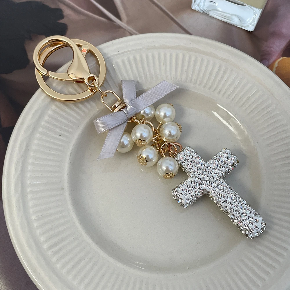 Cross Keychain Crystal Rhinestone Pearls Bow Key Ring Women\'s Bag Pendant Souvenir Gift