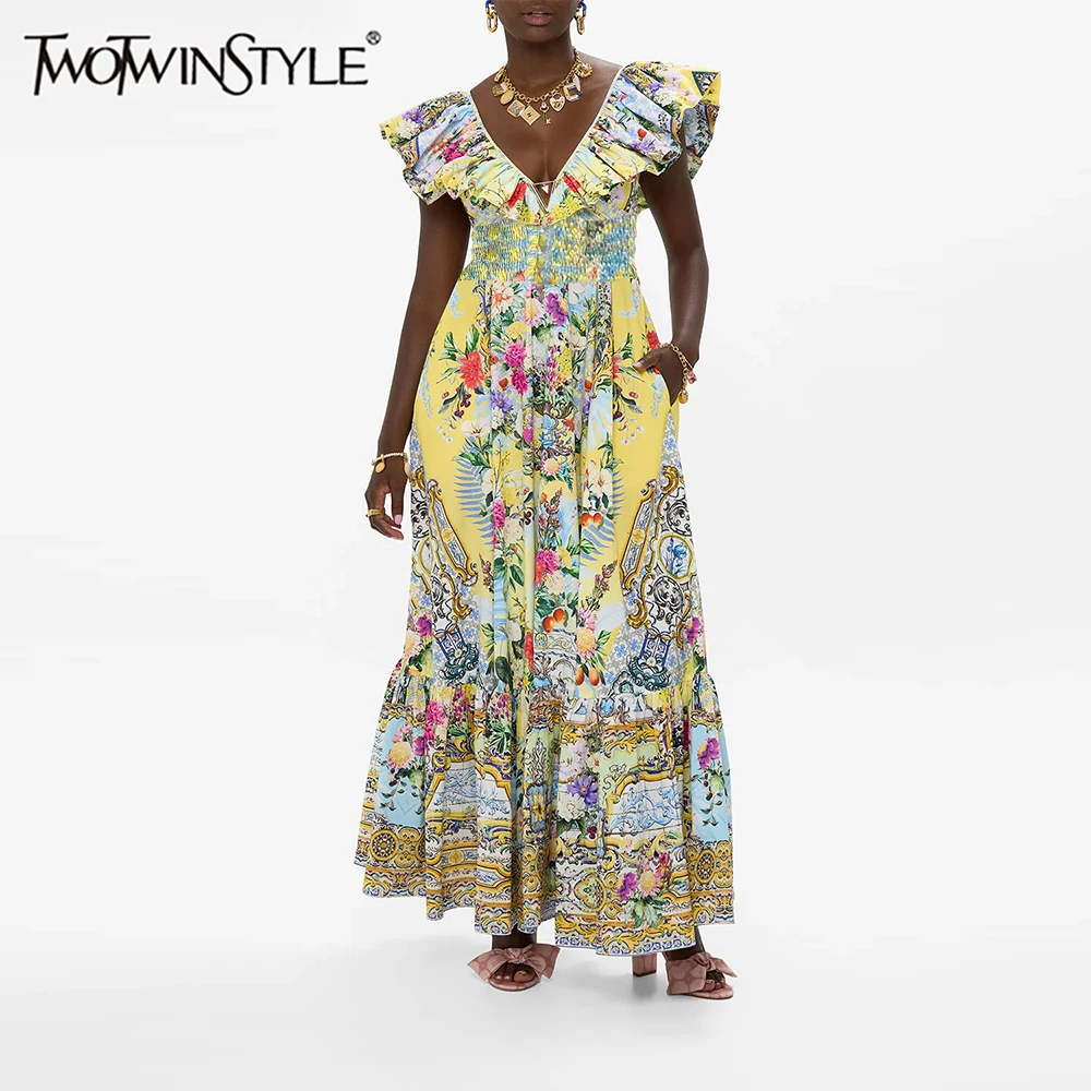 TWOTWINSTYLE Colorblock Printing Elegant Dresses for Women V Neck Sleeveless Tunic Temperament Dress Female Fashion Clothing New