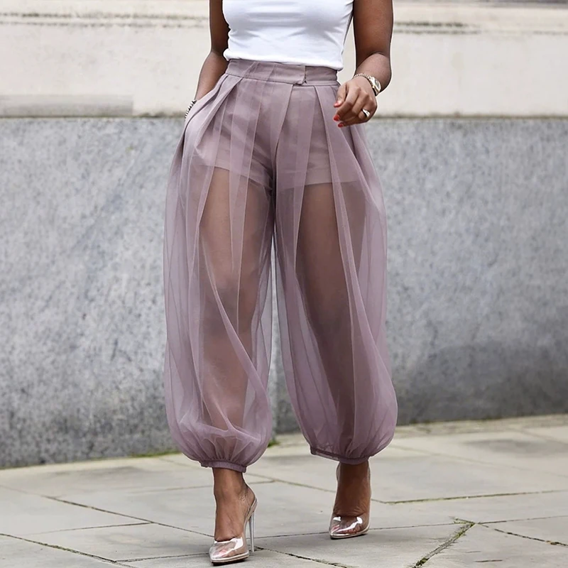 BKLD 2026 High Street Club Personality Trendy Women Semi Transparent Mesh Patchwork High-waist Solid Loose Pleated Lantern Pants