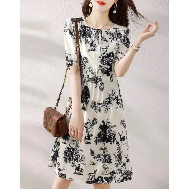 

Women's Elegant Print Dress, O-Neck, Lacing, Office Lady, Brief Dresses, Female Slim Clothes, High Quality, Summer, New, 2024