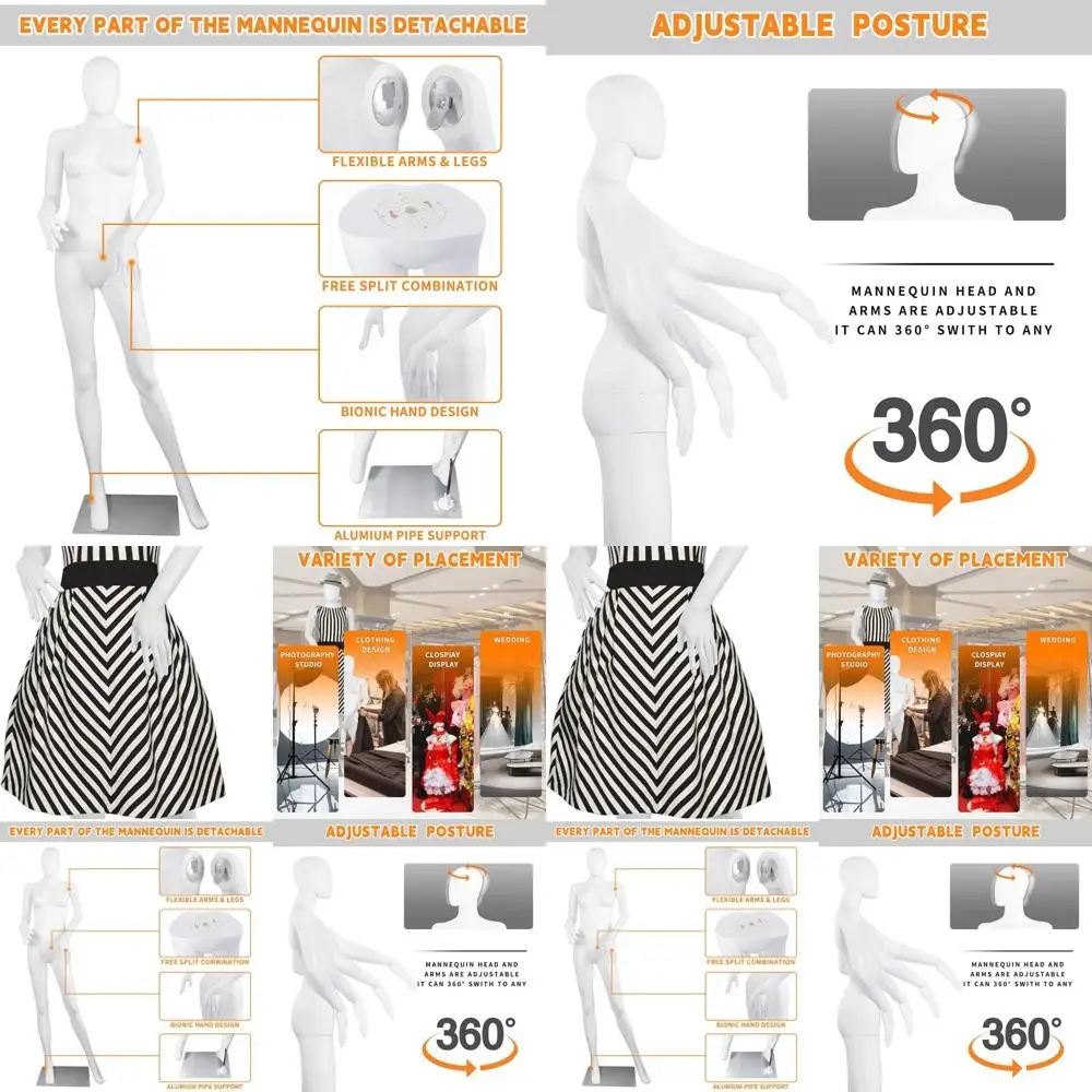 Adjustable 70 White Female Dress Form with Detachable Plastic Body and Metal Stand Display