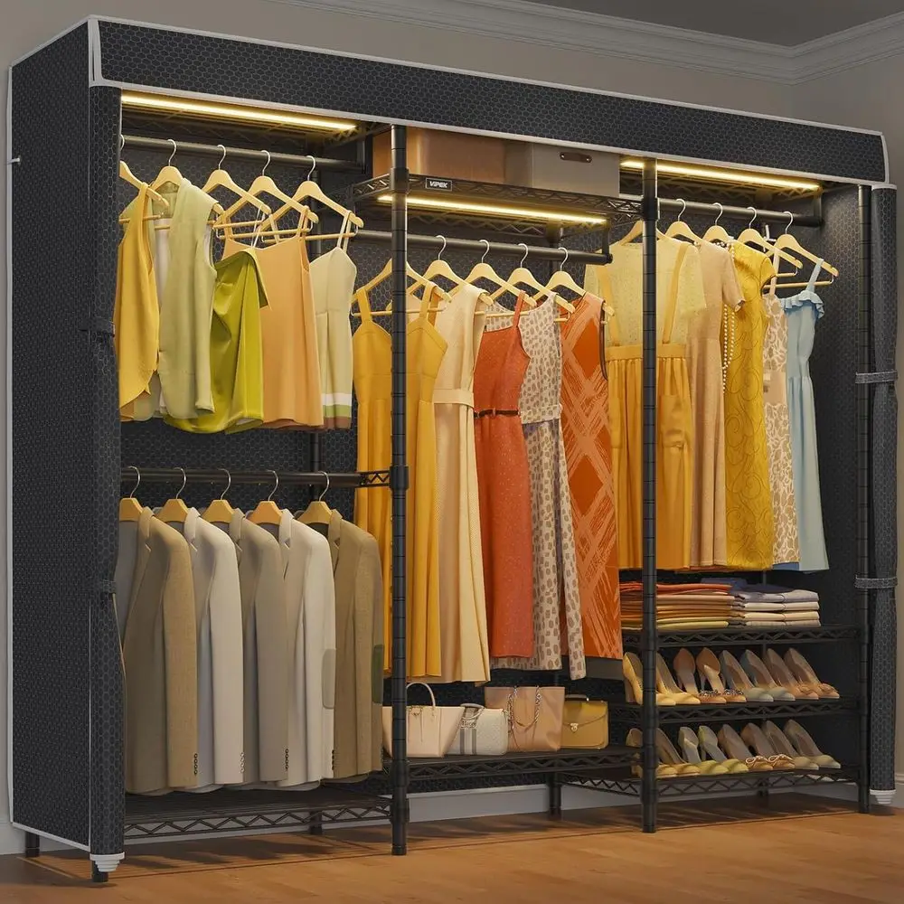 

Portable Heavy-Duty Covered Clothes Rack with Dimmable 3000K Warm White LED Light, Black Wardrobe for Hanging Garments