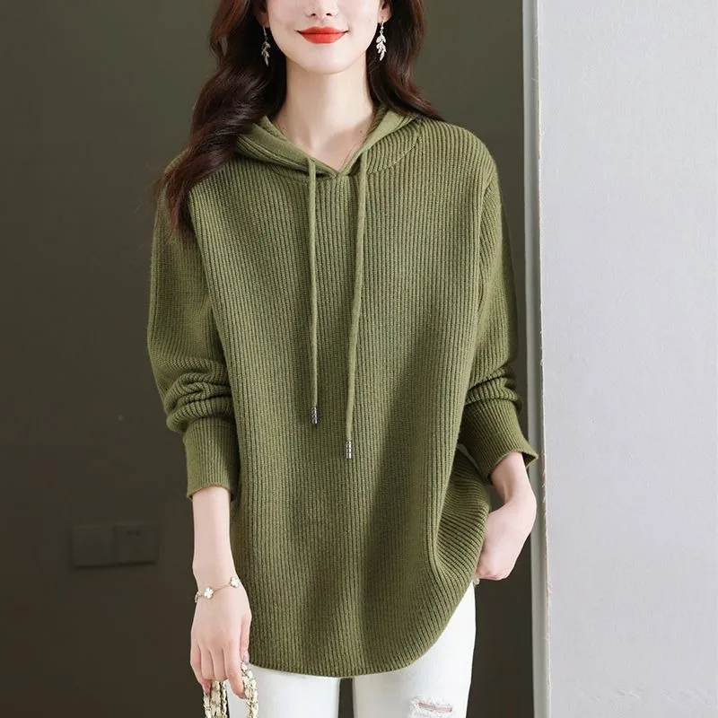 New Casual Loose Hooded Sweater Women's Pullover Autumn Winter Base Knit Top Long Sleeve Drawstring Solid Mid Length Outerwear