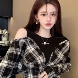 New Spring Autumn Women Spliced Round Collar Long Sleeve Plaid Shirt Fashion Dew Shoulder Short Blouses Student Sexy Sweet Tops