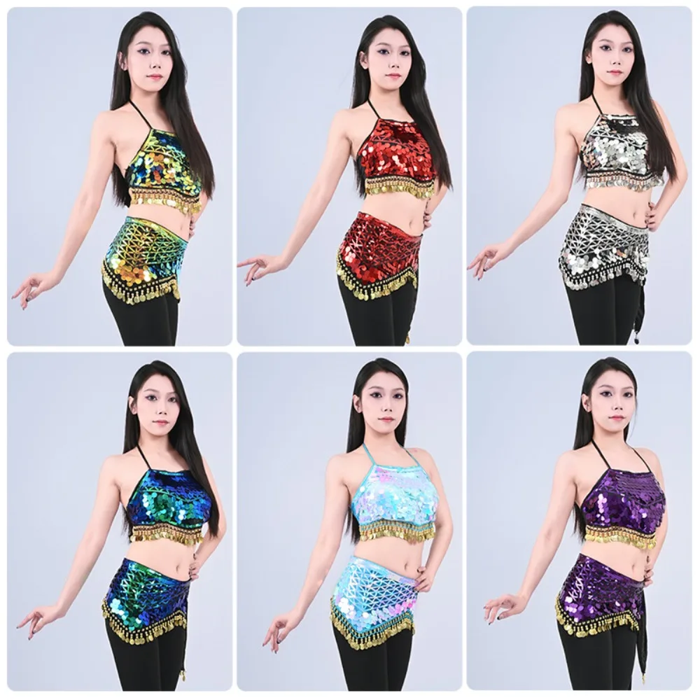 Stage Set! Belly Dance Costume with Waist Chain, Waist Accessories, Sequins Tassel Hip Scarf and Triangle Scarf Waist Scarf