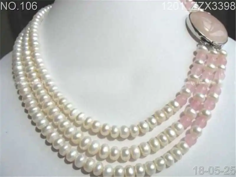 Charming 3 White Freshwater Pearl and Pink Crystal Buckle Necklace