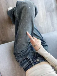 Blue Trousers with Rhinestones Straight Leg High Waist Shot Womens Jeans Trend 2025 Pants for Women Clothes Basics Vintage Xxl R
