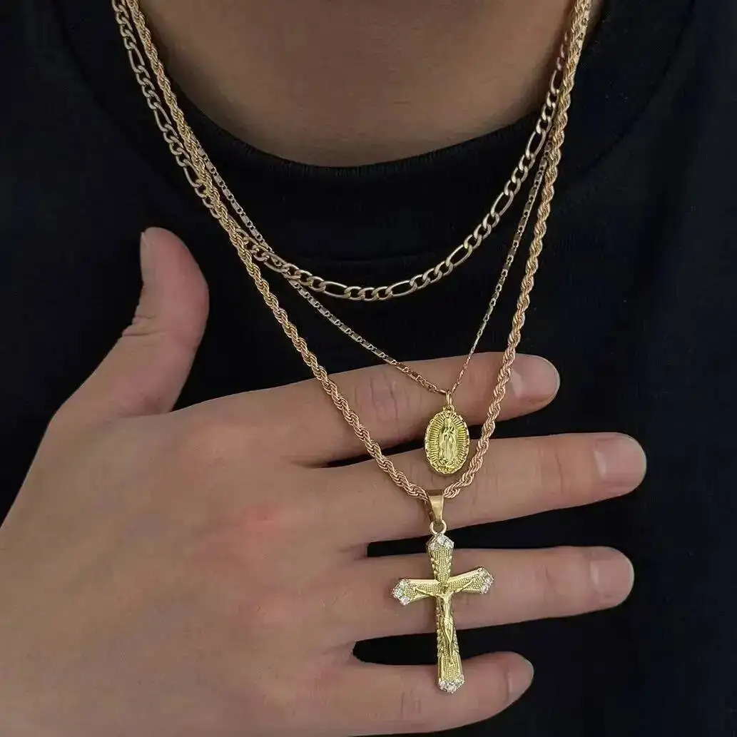 SHIXIN 3 Pcs/Set Hip Hop Punk Jesus Cross Pendant Necklace Men Trendy Gold Color Twisted Adjustable Clavicle Chain Jewelry Gift