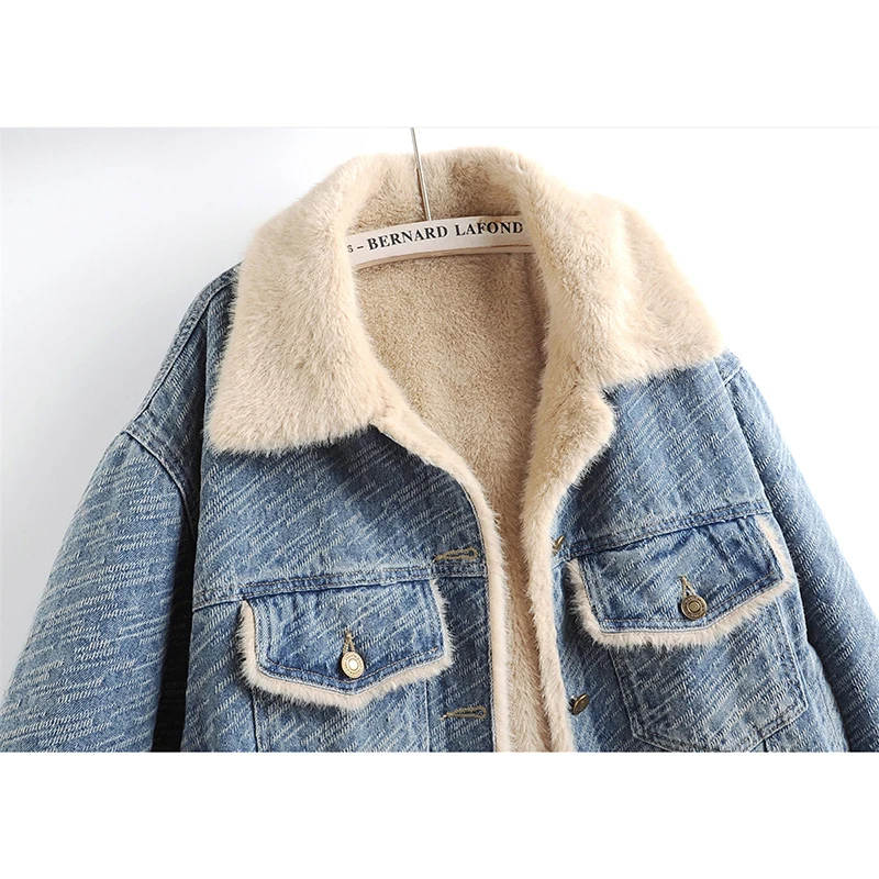 

Зимняя толстая винтажная синяя жаккардовая джинсовая куртка с мехом овечьей шерсти, женская ковбойская верхняя одежда с лацканами, повседневные джинсовые куртки с карманами, женские куртки