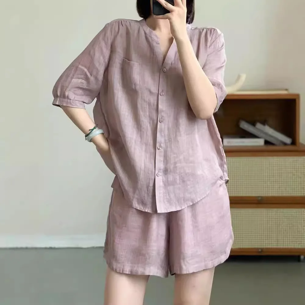 

Summer Comfortable and Breathable Linen-Cotton Light Purple Simple Style Charming Fashion Women's Plus Size Suit