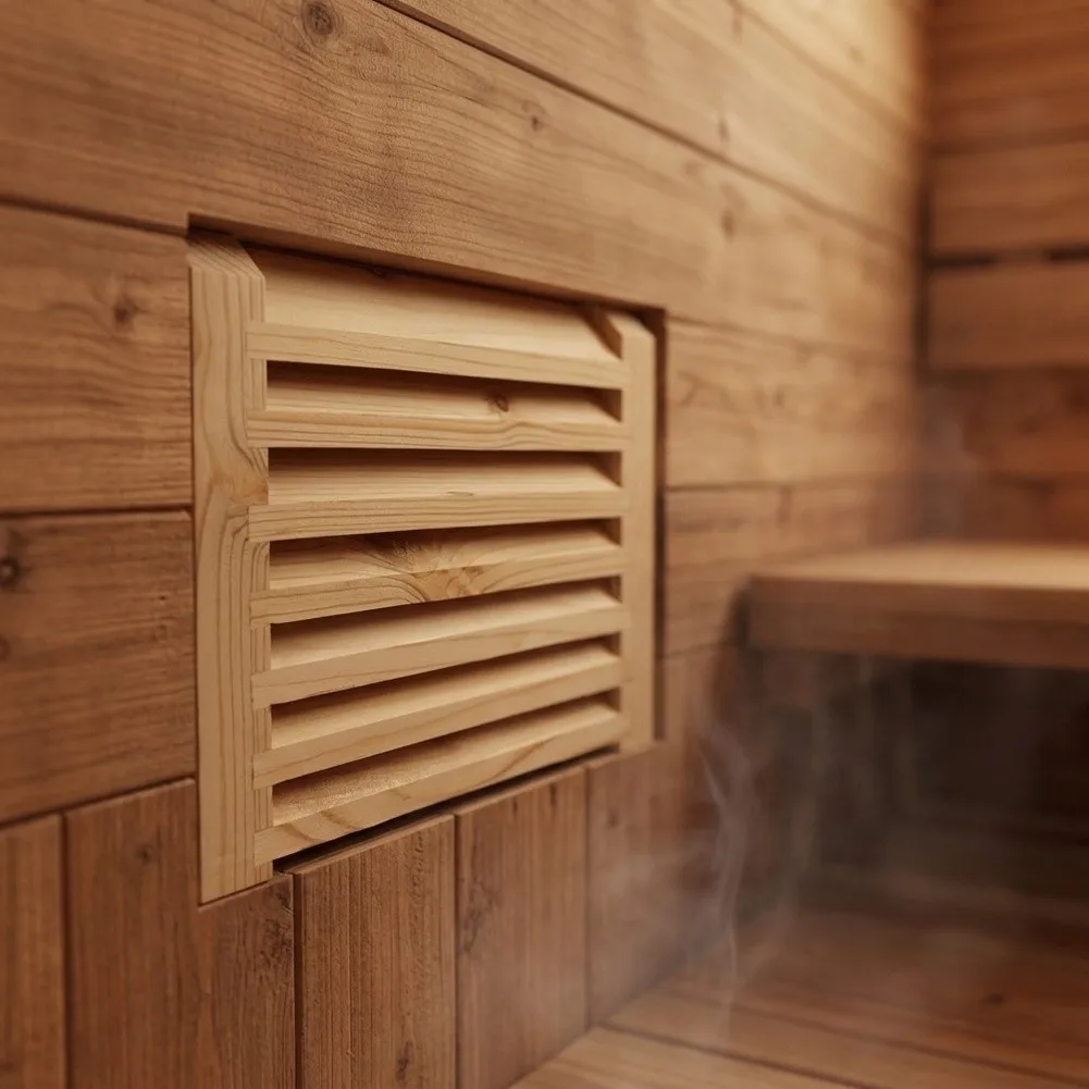 Sauna Vent Grille in Natural Pine for Functional Airflow Management and Seamless Integration with Wood Paneling