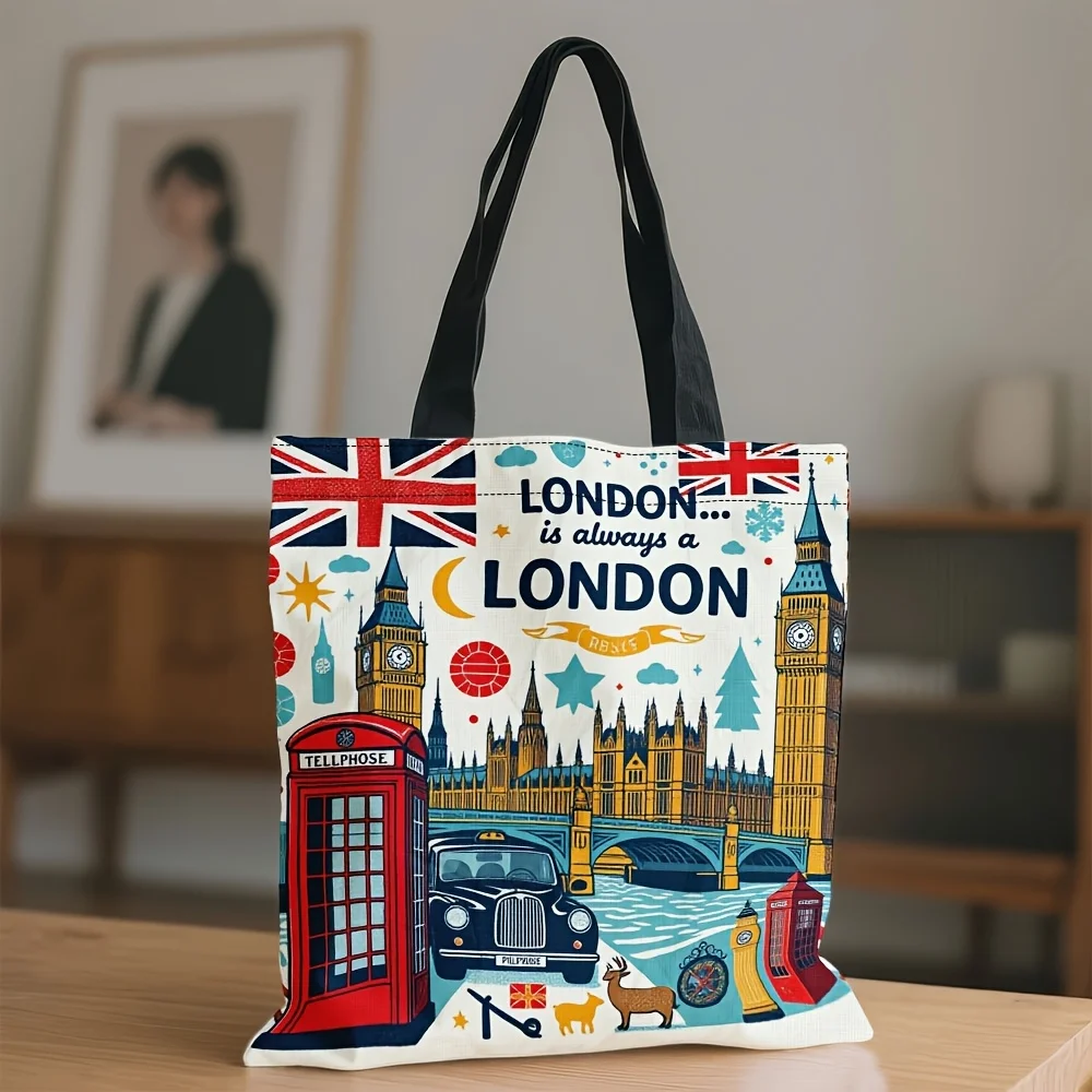 Wiederverwendbare Einkaufstasche für Damen, London-Themen-Design, Big Ben, rote Handyhüllen, Union Jack, Polyester, große Einkaufstasche – Detail 3