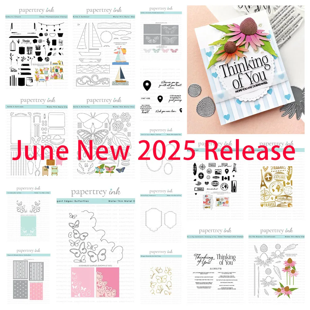 

2025 New Thinking of You Sentiment Stamps Dies Stencils Set Florals Build-a-Butterfly Die Hearts DIY Scrapbooking Holiday Cards