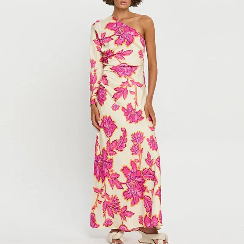 Fashion Floral Printed Holiday Party Dress Women Elegant High Waist Long Dress Sexy One Shoulder Long Sleeve Bohemian Dress