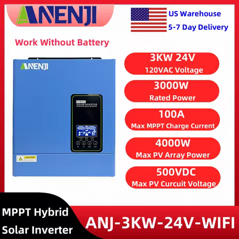 ANENJI 110V 120V 3KW Hybrid Solar Inverter 24V Built-in 100A MPPT Pure Sine Wave On/Off Grid Photovoltaic Inverter With WIFI