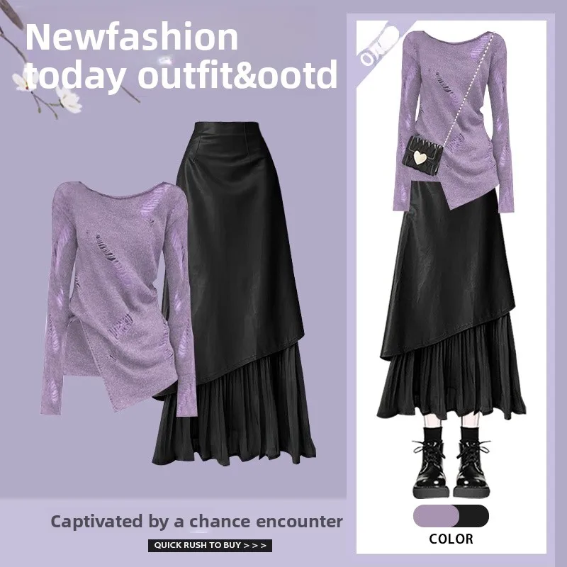 

Korean Sle Hole Knitted Top And Skirt Set Women's Faion Spring 2025 High Waist Asymmetrical Skirt Two Piece Set
