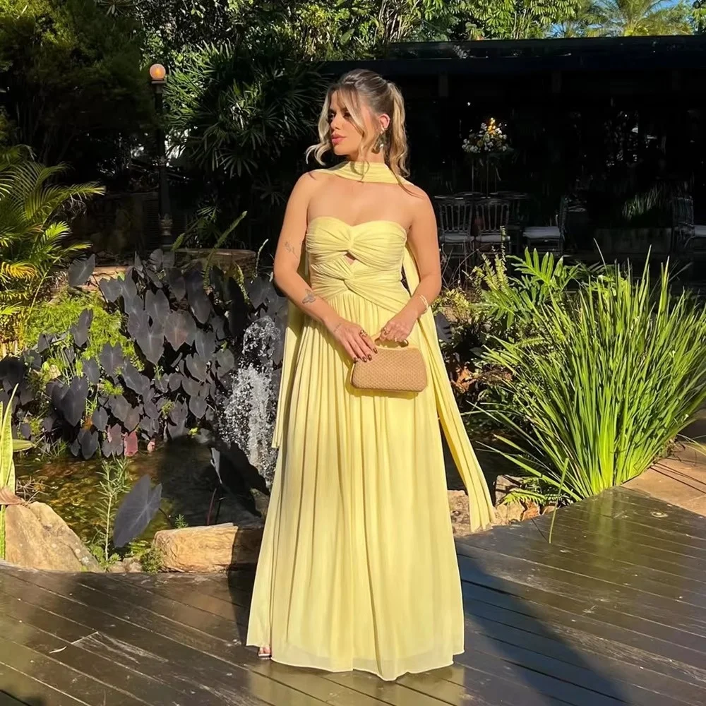 Customized Yellow Prom Dress Women Strapless Birthday Dress Ruched A Line Scarf Wedding Guest Dress Formal Evening Gown
