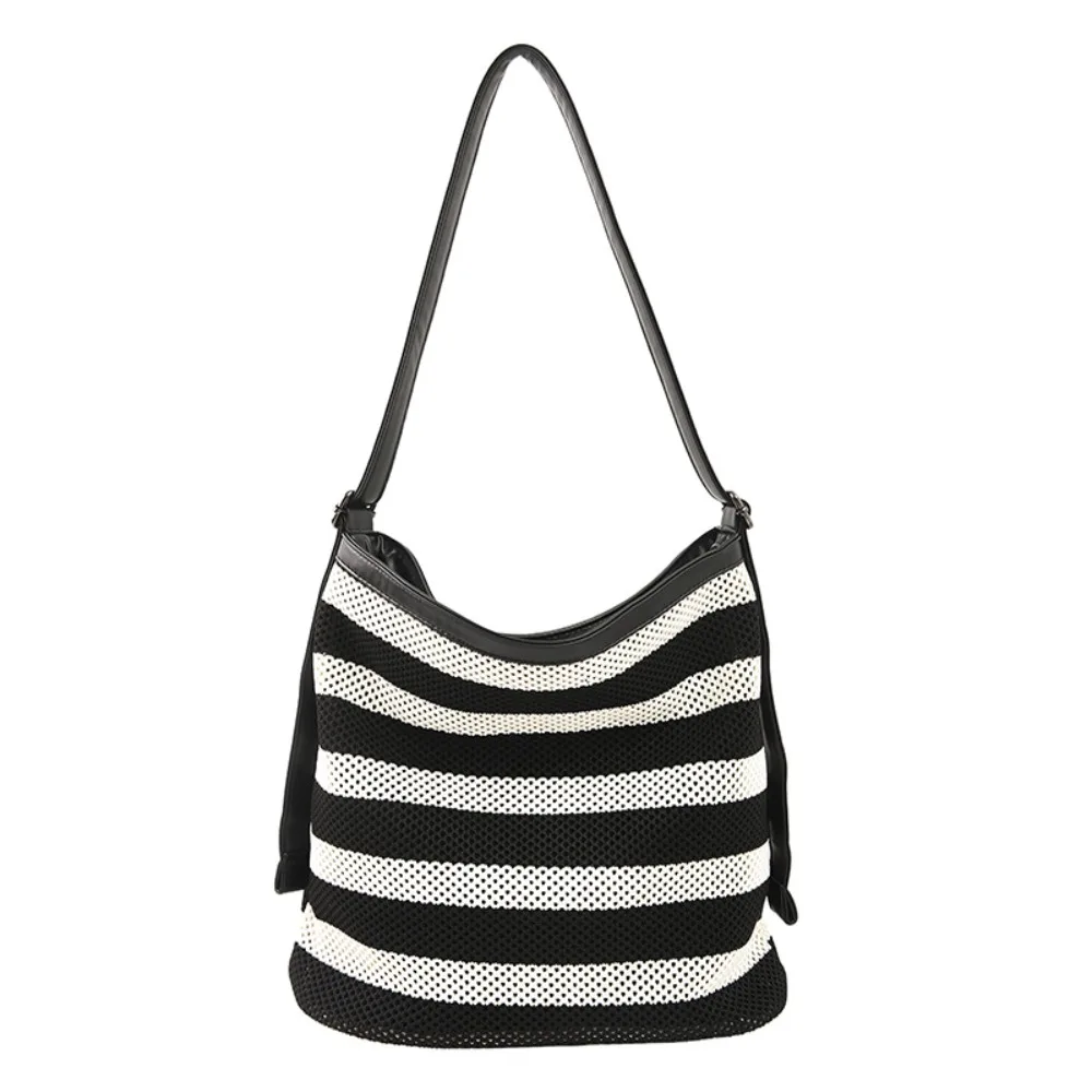 

Korean Style Black and White Striped Bucket Bag Large Capacity Zipper Woven Shoulder Bag Lazy Style Beach Handbag