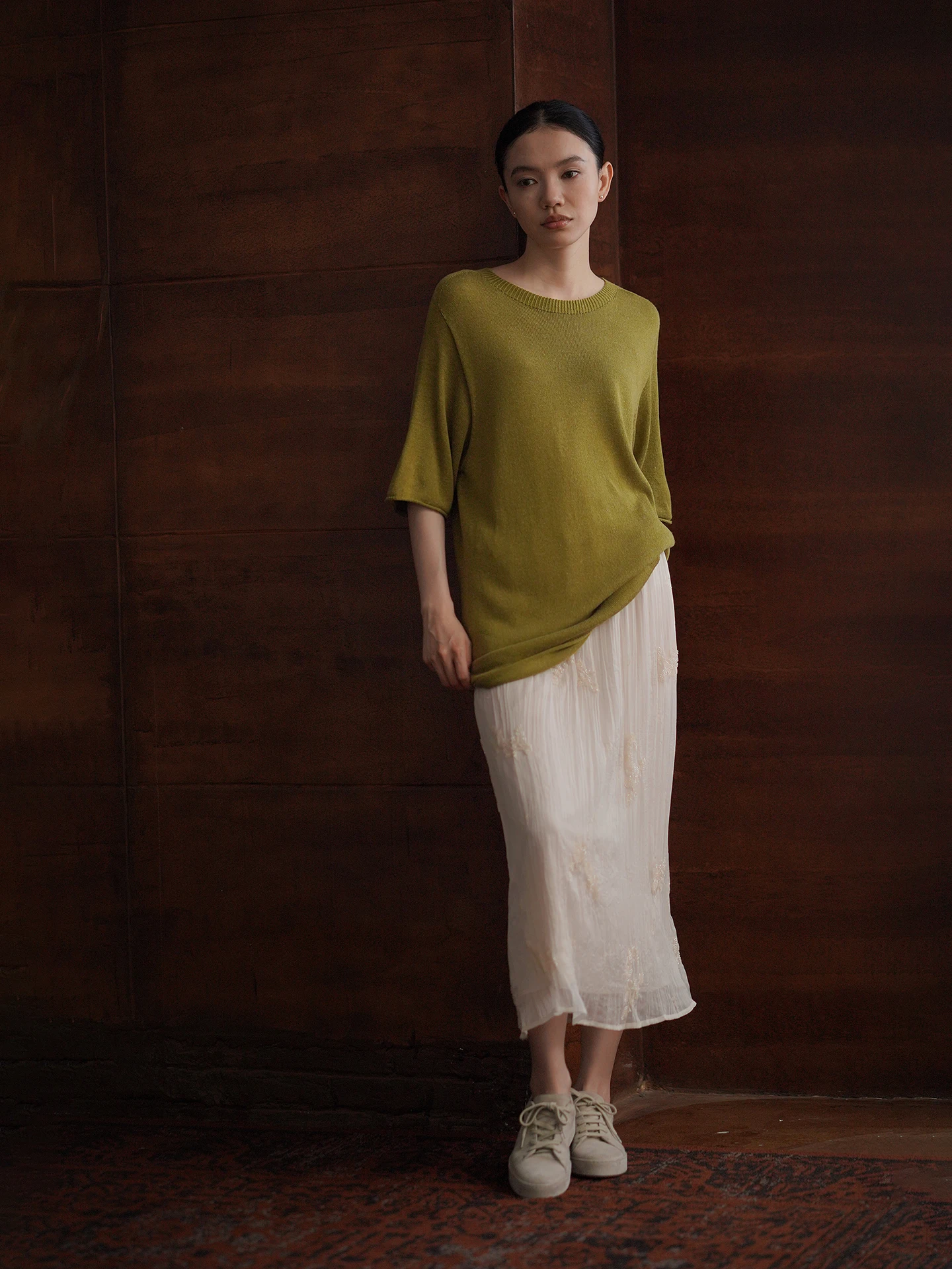 Hacikis Miss Transparent Tea Fragrance Lenzing Linen Blend Lightweight Loose round Neck Short Sleeve Knitted Top Casual Style