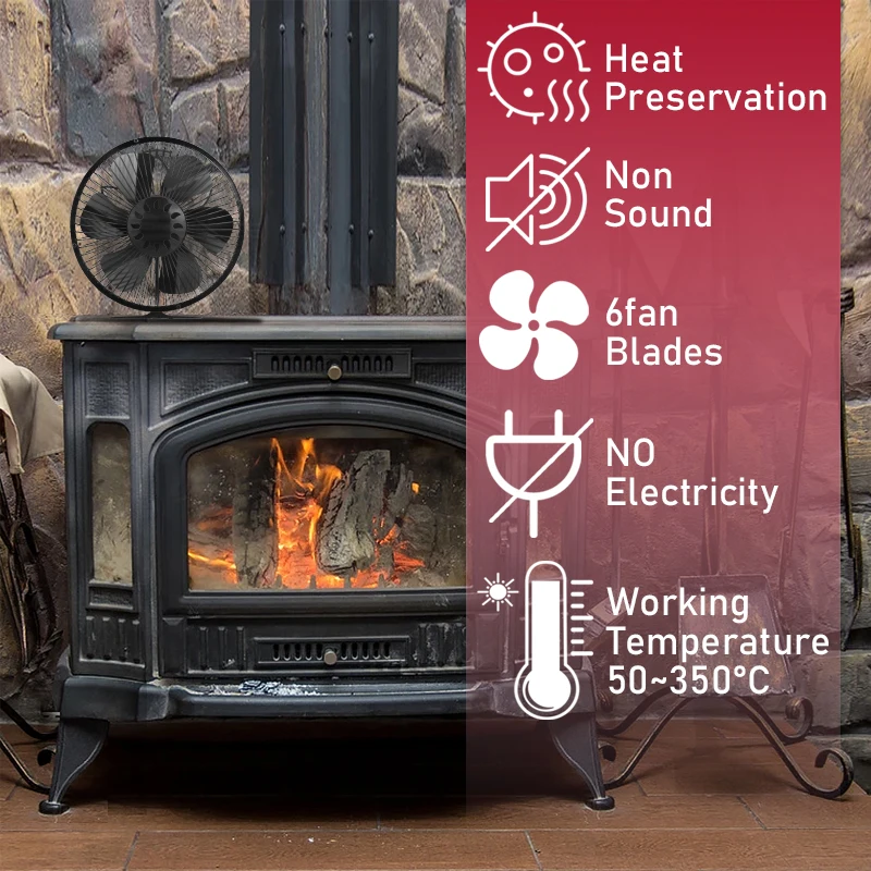 6 Blades Heat Powered Stove Fan With Cover Log Wood Burner Eco Quiet Large Air Volume Fireplace Fan Efficient Heat Distribution