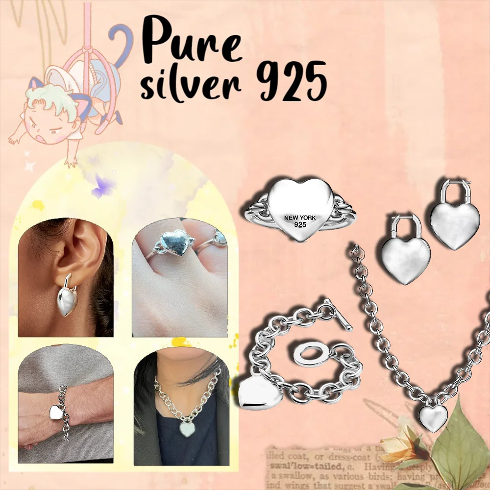 

Sweet, exquisite, elegant, romantic heart-shaped pure silver ring bracelet S925 women's necklace Valentine's Day gift